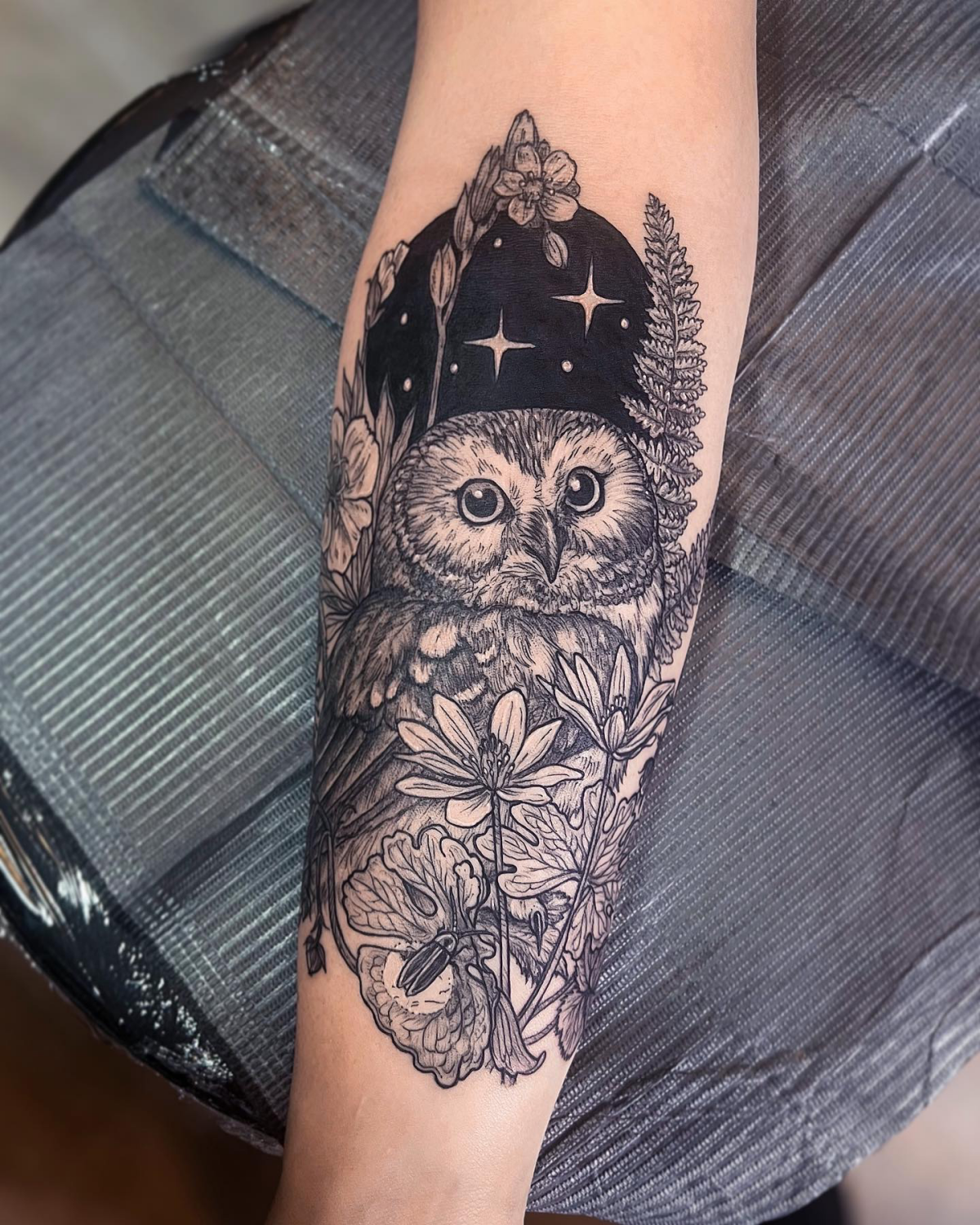 owl tattoo arm tattoo black and white