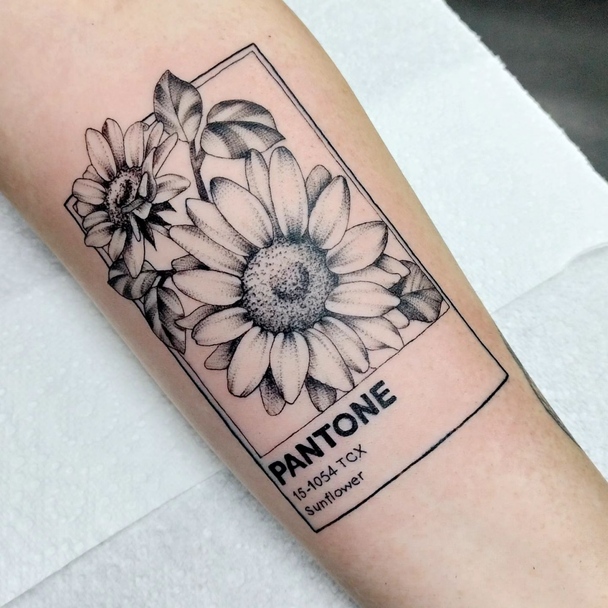pantone swatch card tattoo idea with sunflowers