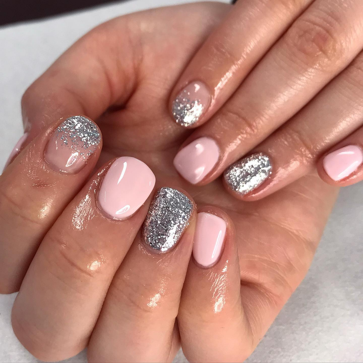 pink and silver glitter nails