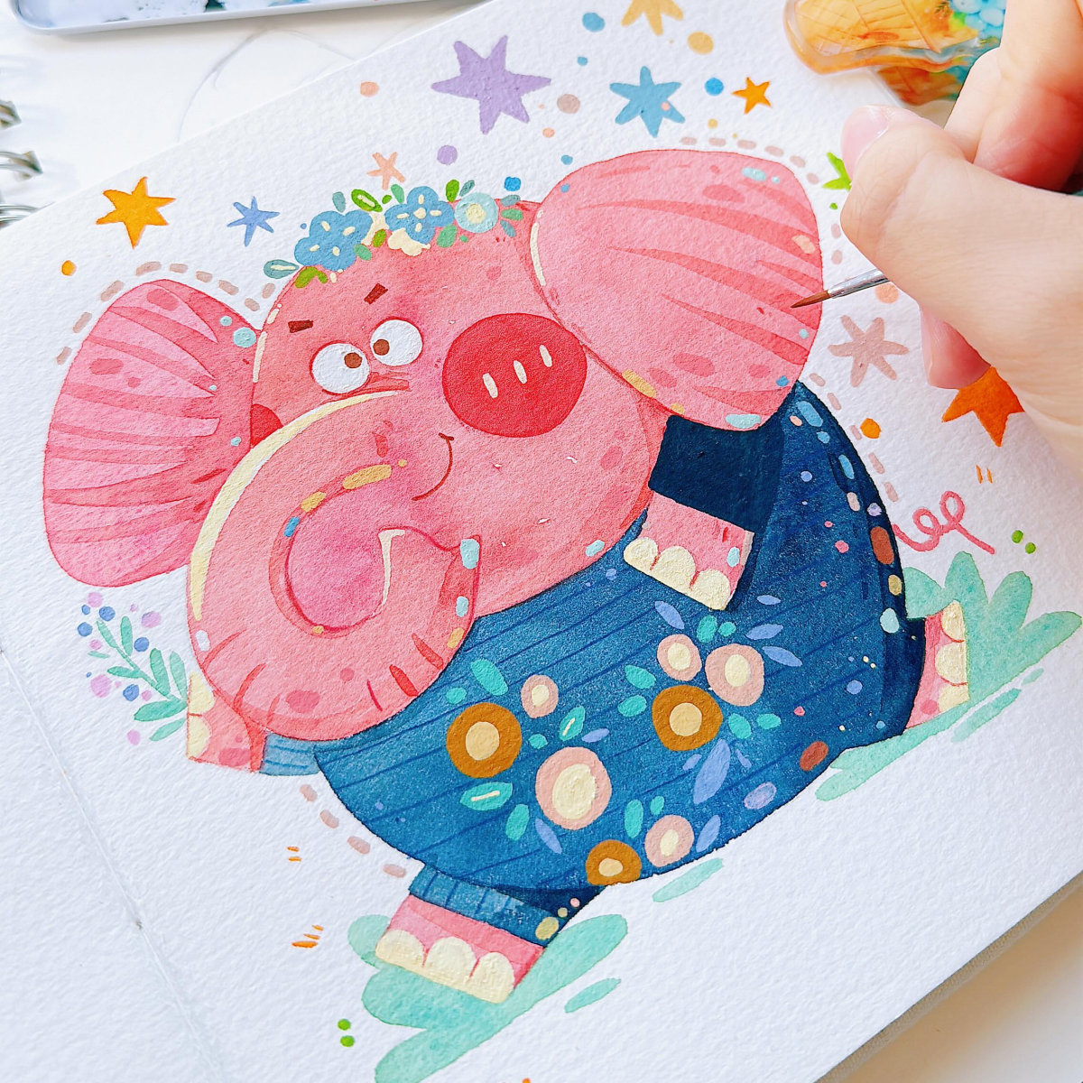 pink elephant watercolor drawing