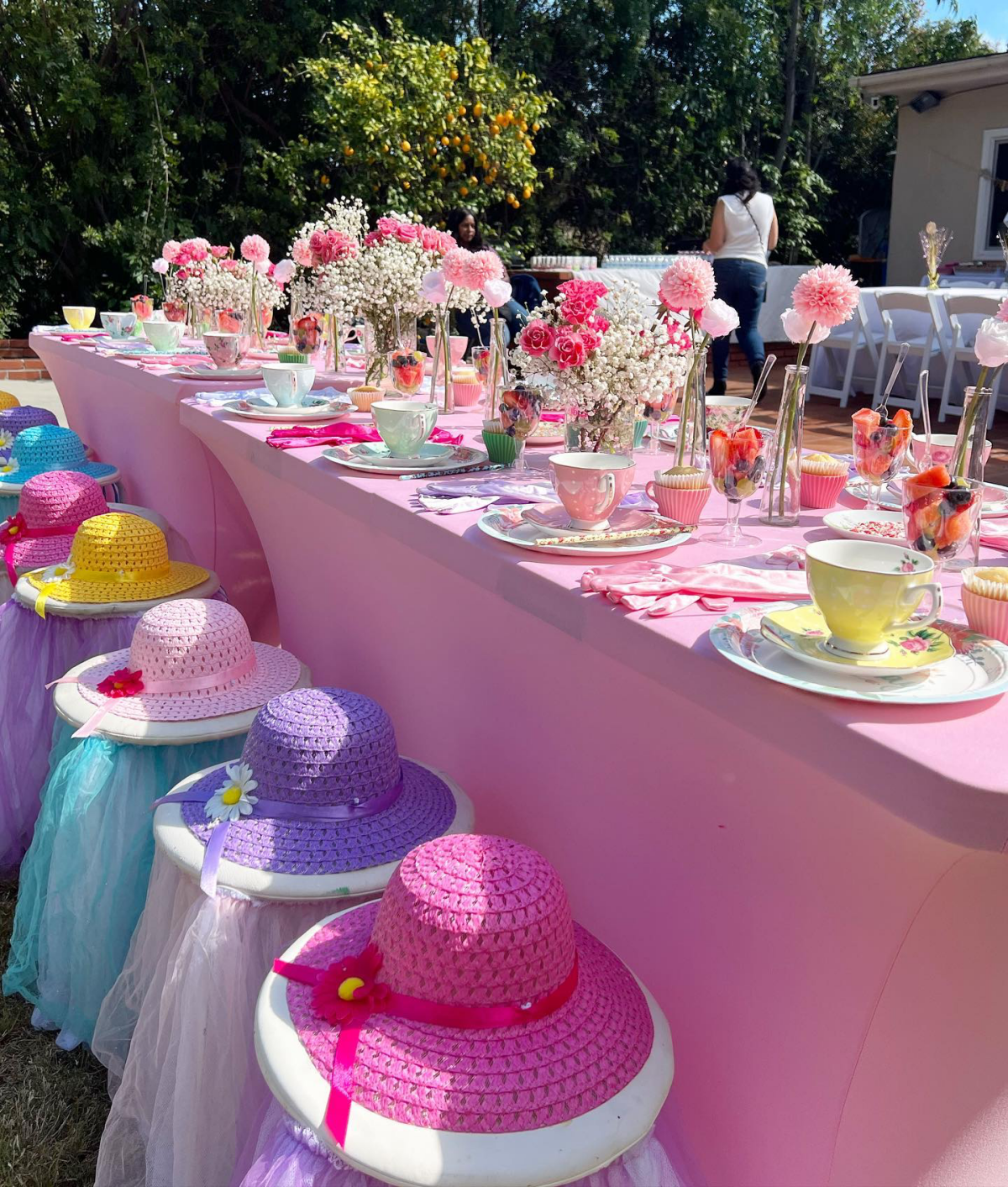 pink table colorful tea party setup