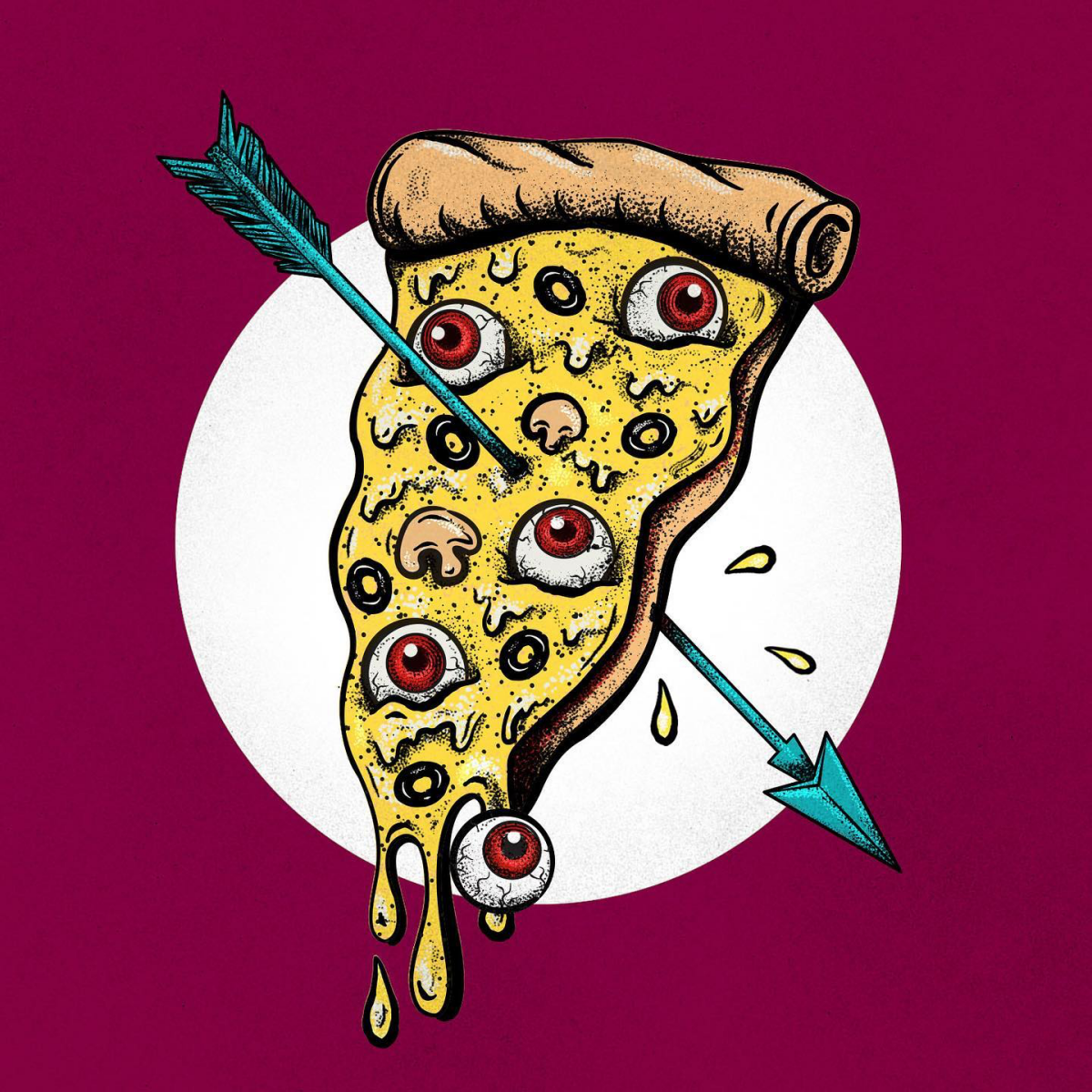 pizza slice with eyeballs as toppings
