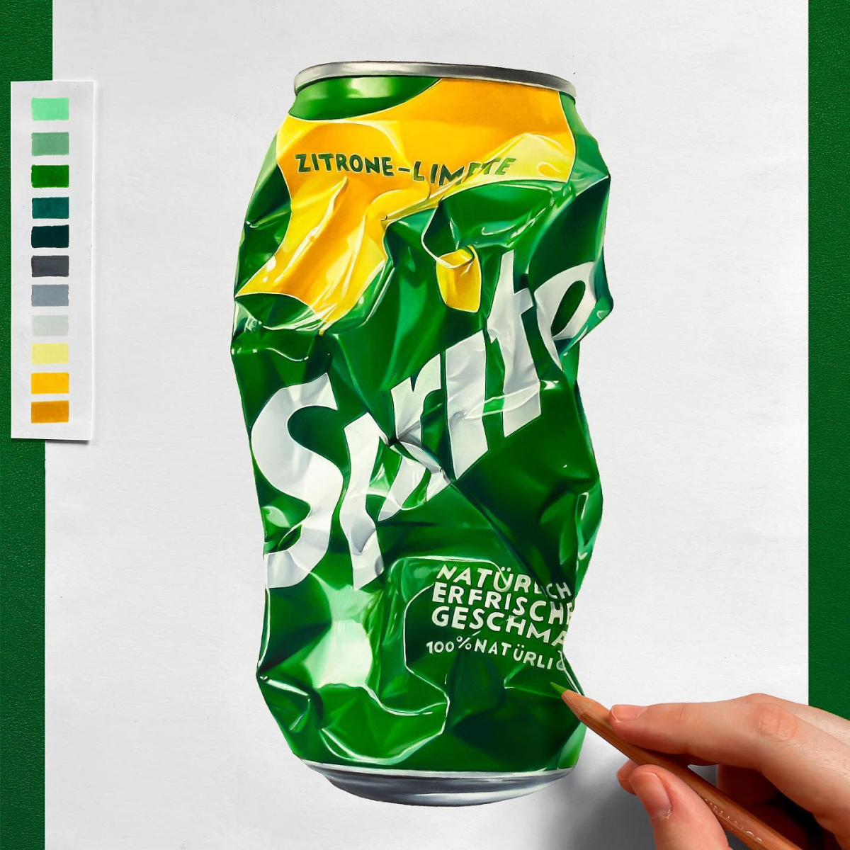 realistic crushed can sprite drawing in color pencil