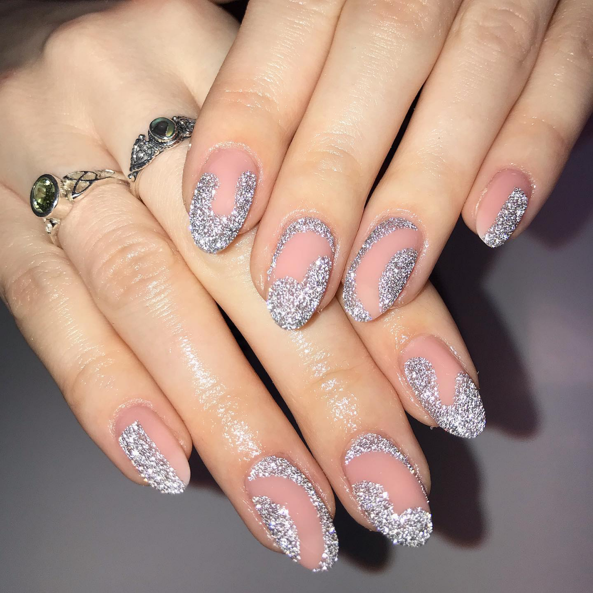 silver glitter nails nude base design