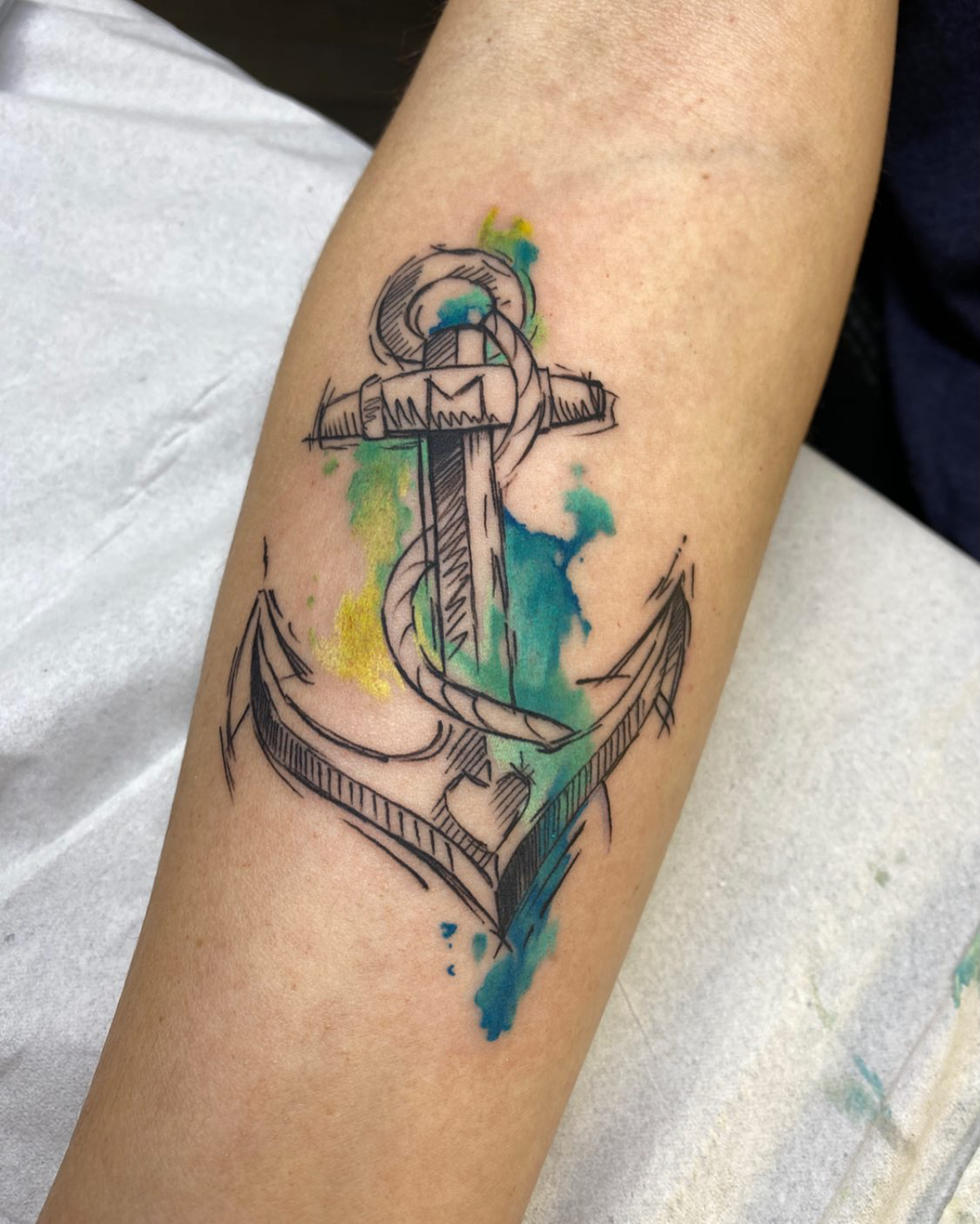 sketch tattoo anchor with watercolor effect