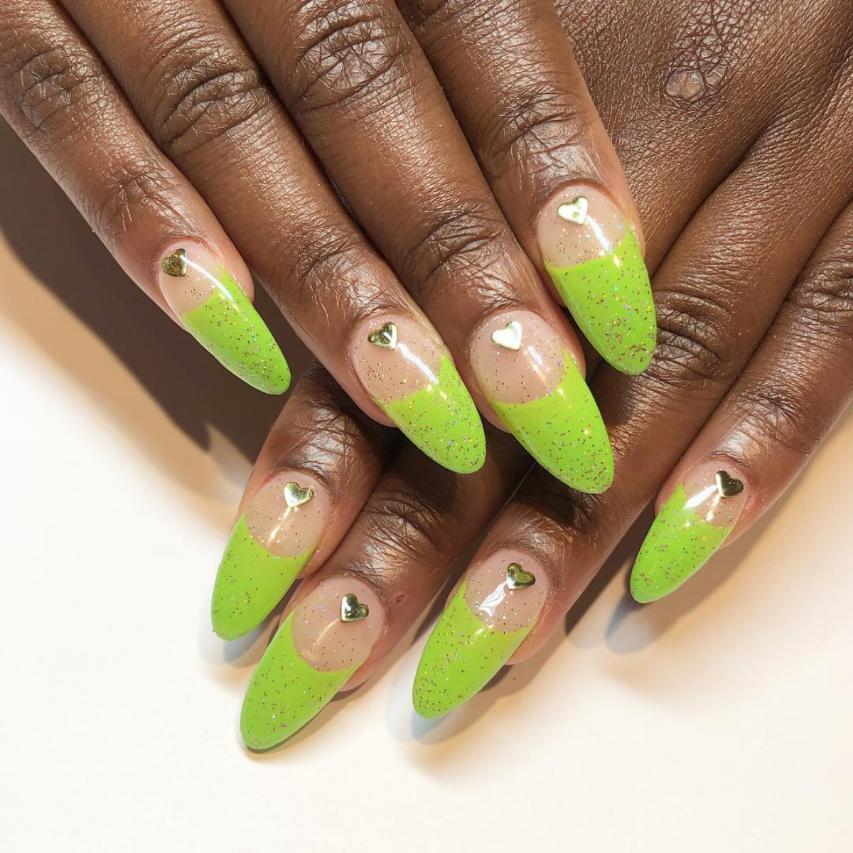 sparkling green french tip with hearts