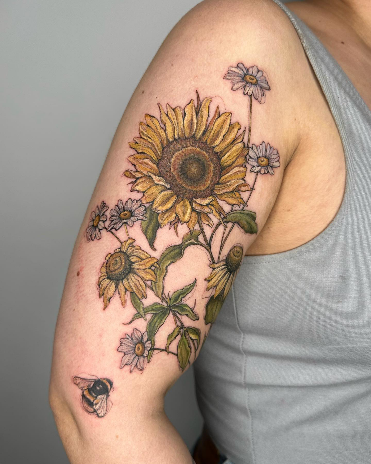sunflower daisy bee echinacea tattoo