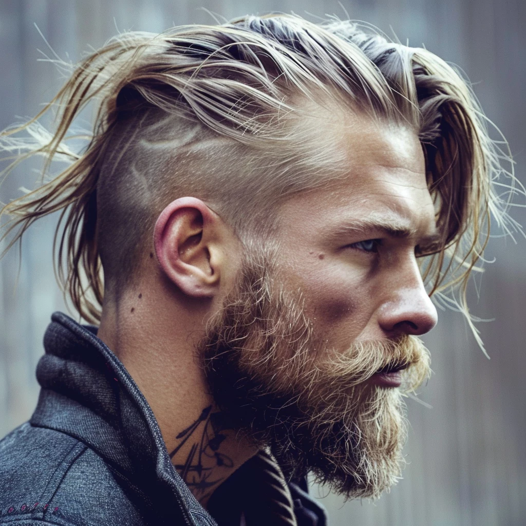viking style haircut man with long hair and beard blonde