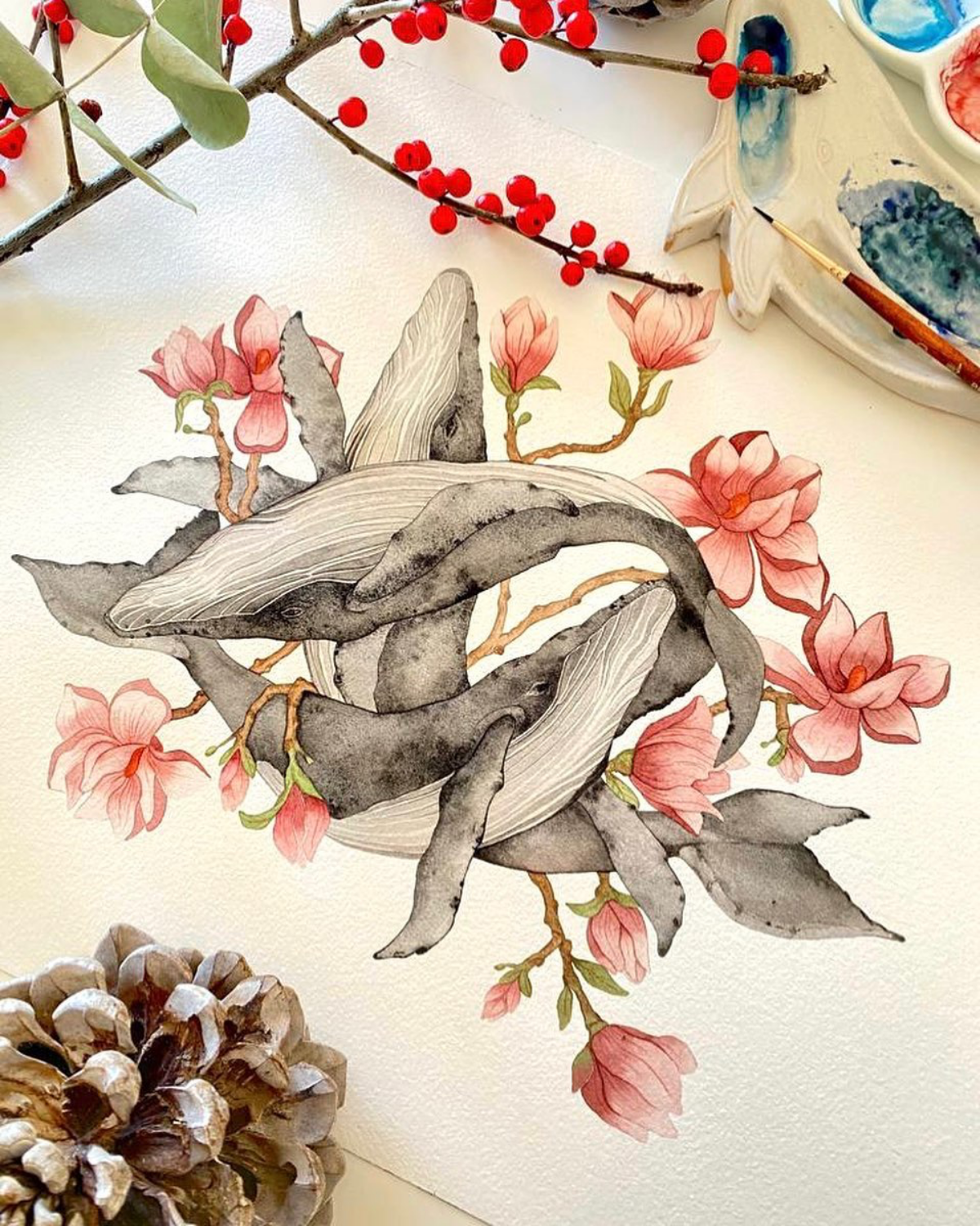 watercolor whales and flowers