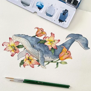 whale drawing with flowers