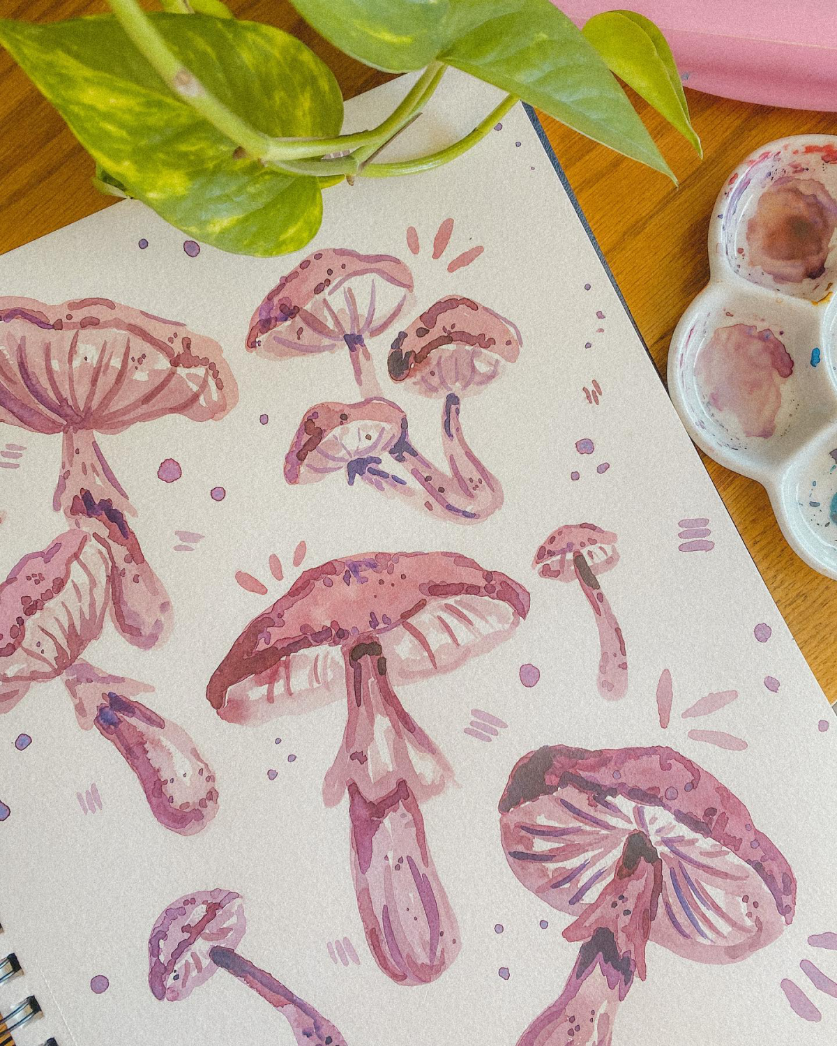 mushroom drawing in pink and purple paints