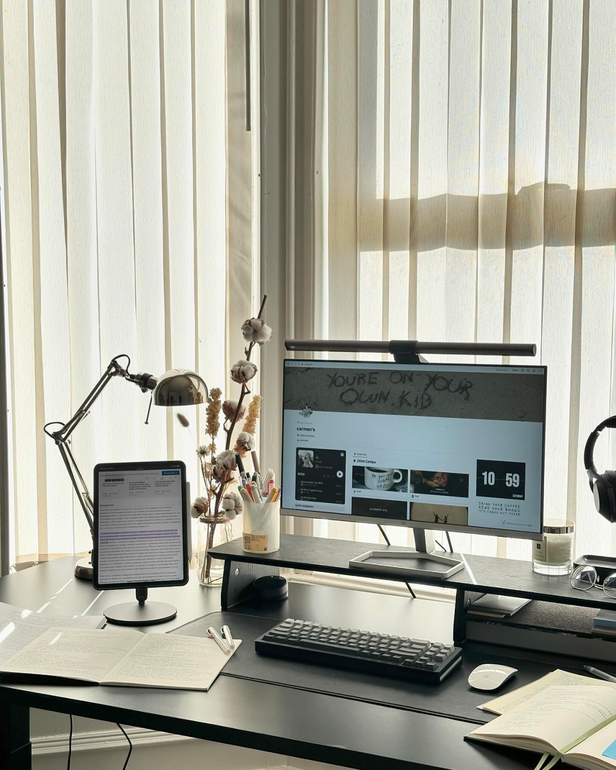 aesthetic desk setup near window
