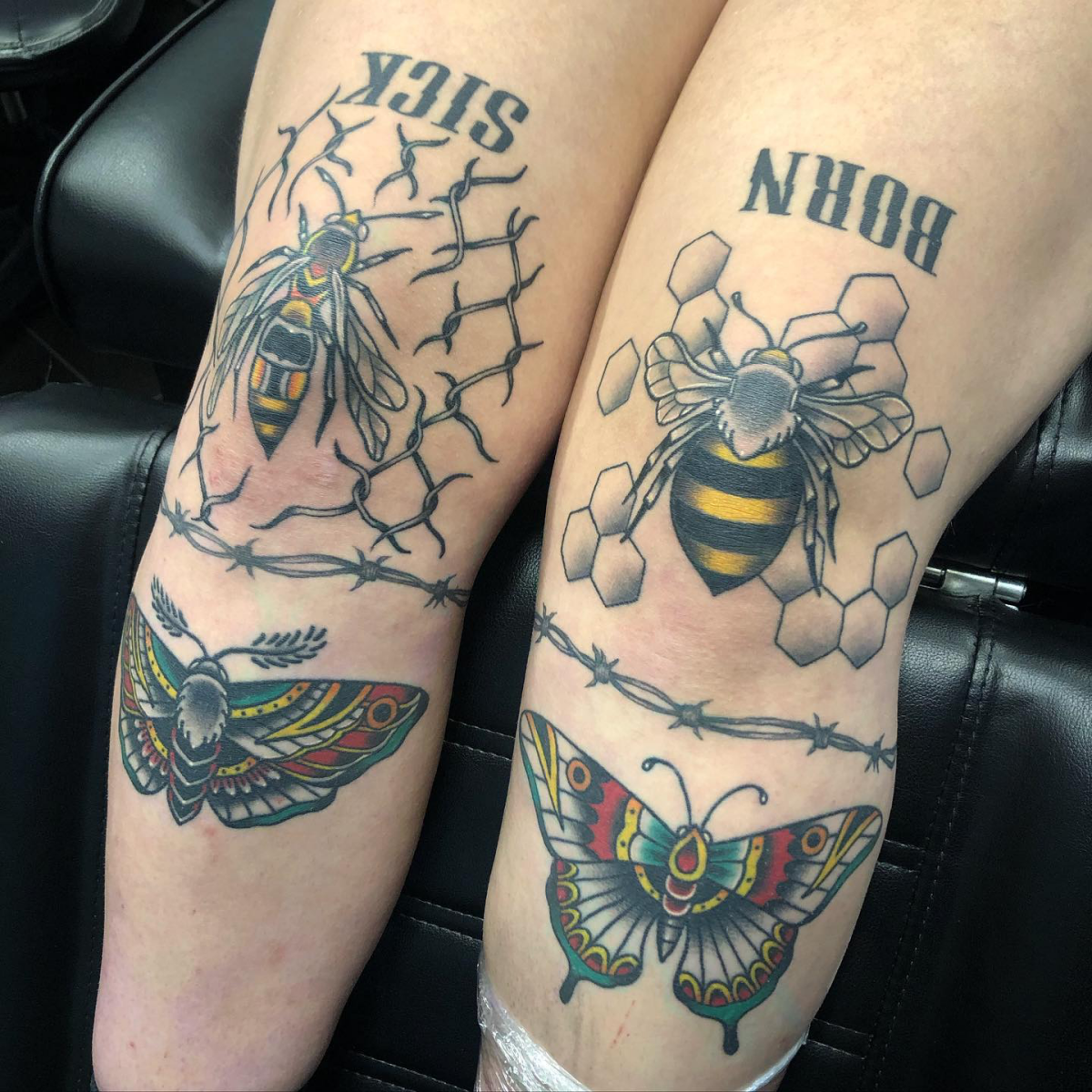 bee and wasp knee tattoo