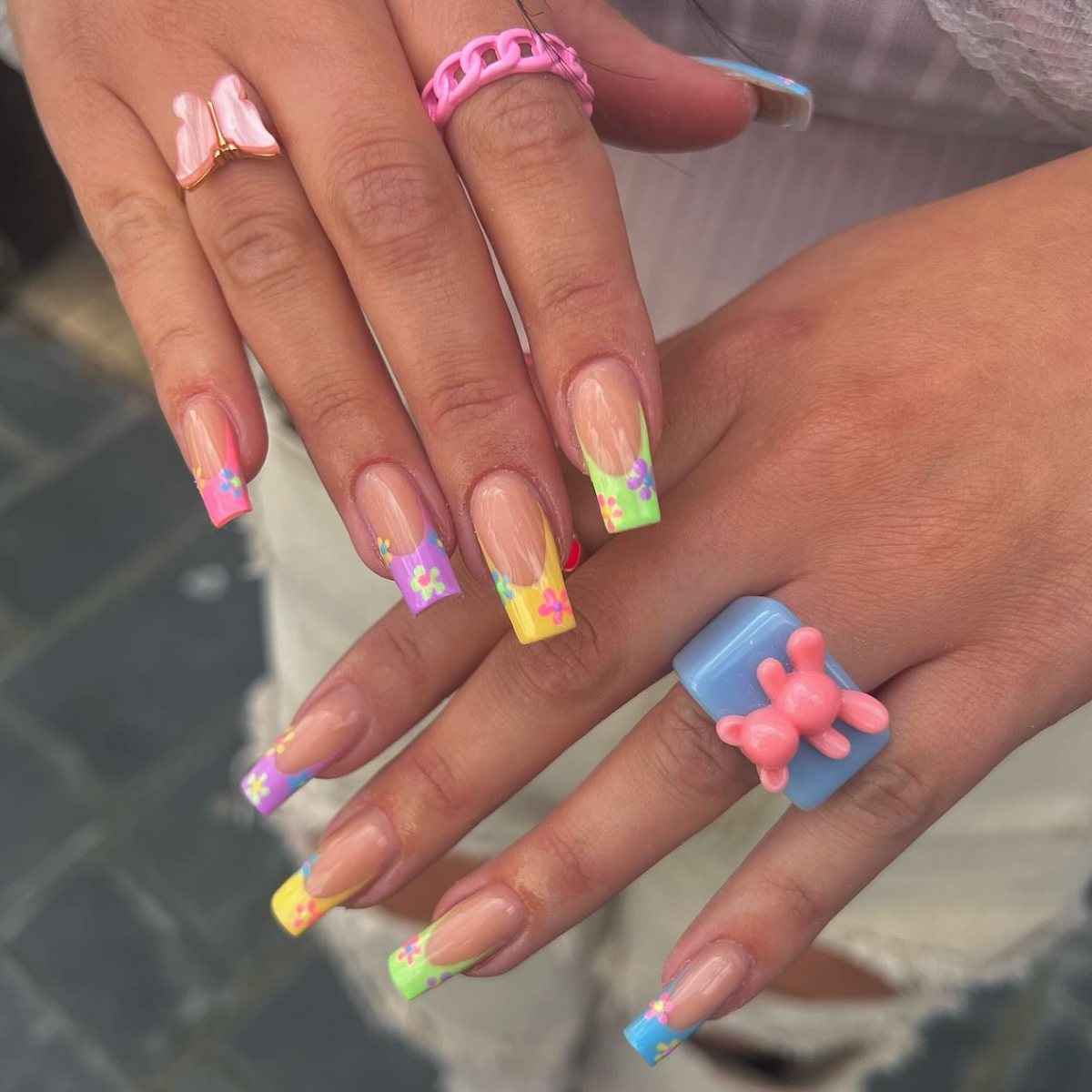 bright summer nails colorful french tips with flowers