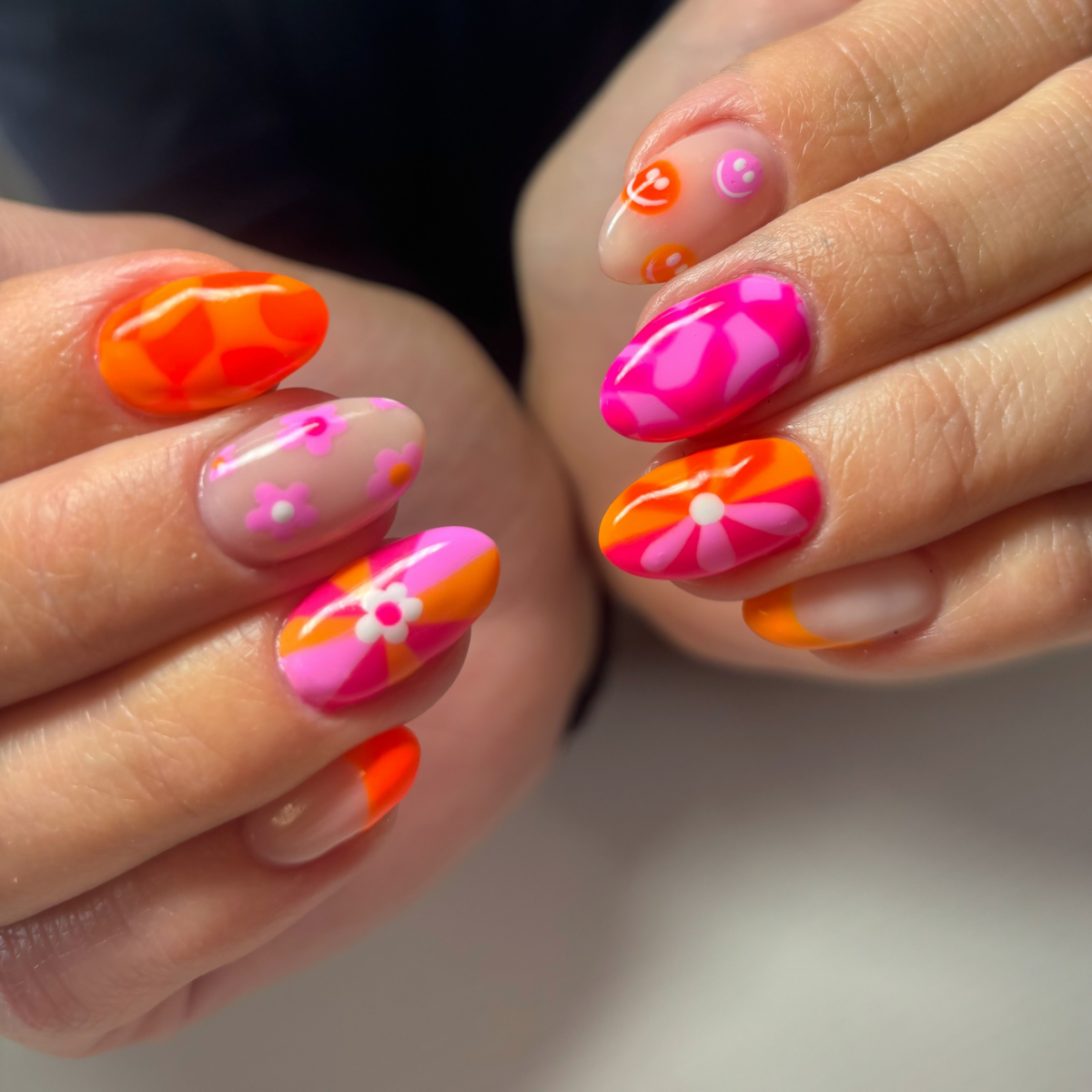 colorful orange and pink nails