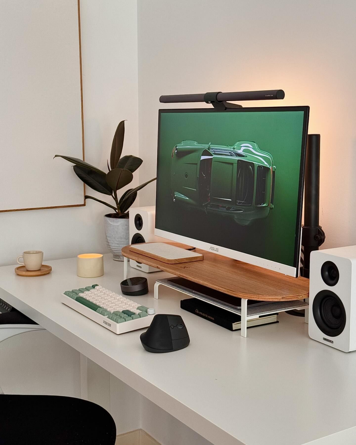 green and white desk setup