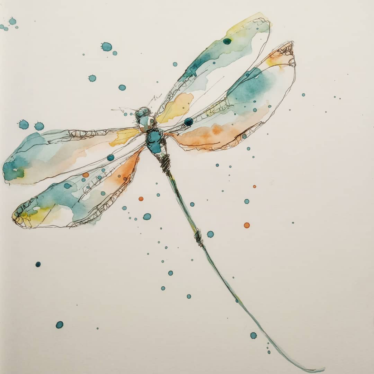 minimalistic watercolor drawing of a dragonfly