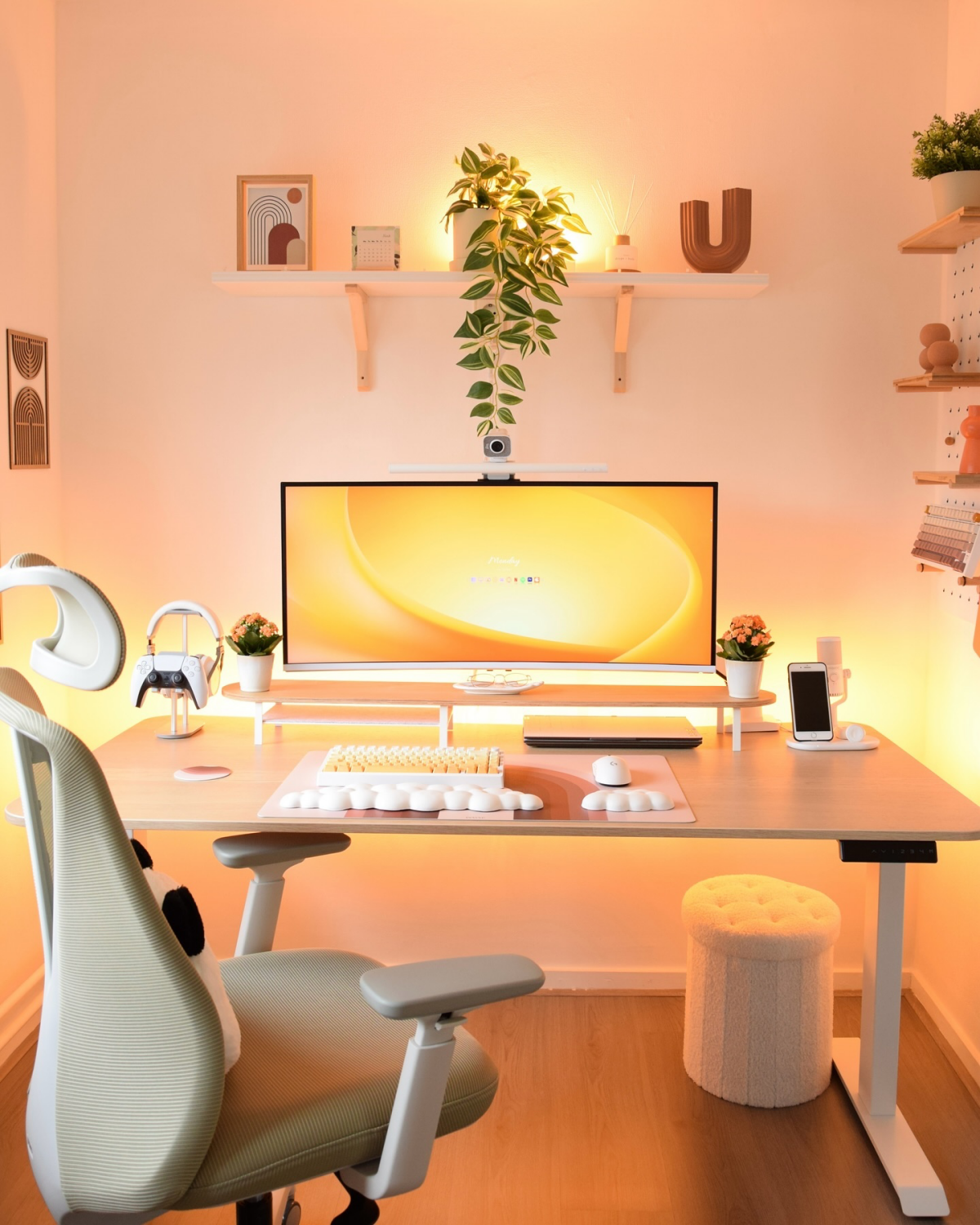 peachy backlit desk setup with computer