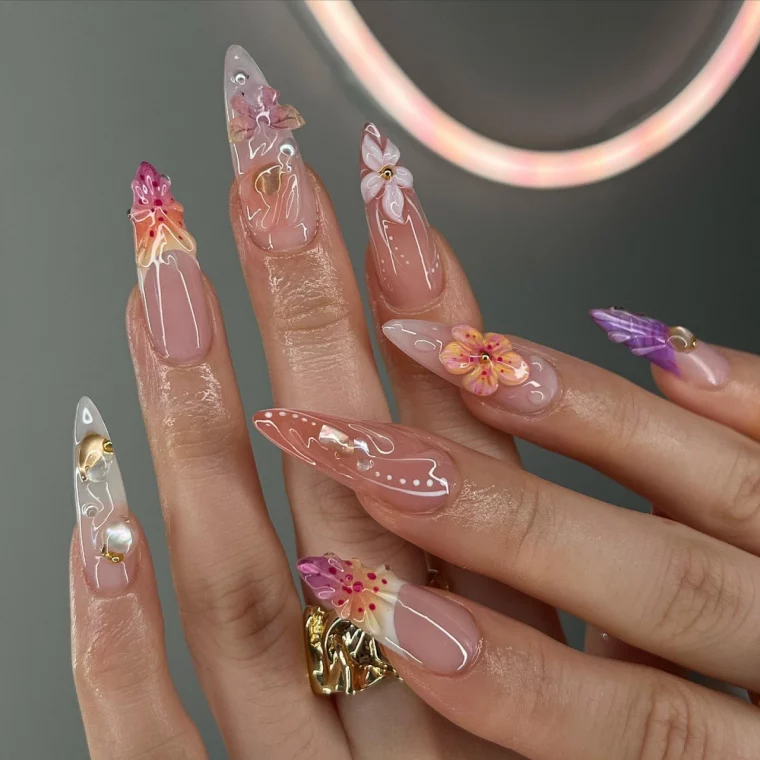 sunset tropical florals nails